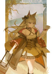 Rule 34 | 1girl, absurdres, animal ears, arknights, black bow, bow, breasts, breeze (arknights), brown eyes, brown hair, brown jacket, cleavage cutout, clothing cutout, dress, feet out of frame, fox ears, fox girl, hair bow, highres, holding, jacket, luggage, neriash, open clothes, open jacket, outdoors, rolling suitcase, small breasts, solo, spaghetti strap, suitcase, white dress