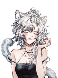 Rule 34 | 1girl, akakeru, alternate costume, animal ears, arknights, bare arms, bare shoulders, breasts, camisole, cleavage, cliffheart (arknights), commentary request, grey eyes, hair between eyes, hair ornament, hairclip, highres, leopard ears, leopard tail, long hair, looking at viewer, no headwear, one eye closed, silver hair, solo, strap slip, tail, upper body