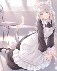Rule 34 | 1girl, all fours, animal ears, blue eyes, bow, braid, cat ears, cat tail, chair, e (eokiba), hair bow, highres, maid, maid headdress, mary janes, original, parted lips, shoes, solo, tail, twin braids, white bow, white hair, window