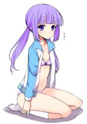 Rule 34 | 10s, 1girl, :o, aikatsu!, aikatsu! (series), bad id, bad pixiv id, blunt bangs, blush, bow, bow bra, bra, breasts, from side, full body, hair ribbon, hikami sumire, jacket, kneehighs, kneeling, long hair, long sleeves, looking at viewer, low twintails, navel, no pants, open clothes, open jacket, open mouth, panties, ponytail, purple bra, purple eyes, purple hair, purple panties, raglan sleeves, ribbon, seiza, shadow, simple background, sitting, small breasts, socks, solo, sweatdrop, track jacket, twintails, underwear, white background, white socks, yatsune rika