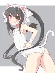Rule 34 | 10s, 1girl, animal ears, arched back, ass, bad id, bad pixiv id, black hair, black wings, blush, cat ears, cat tail, collarbone, covered navel, covered erect nipples, fang, flat ass, flat chest, frills, hair ornament, hairband, hand on own hip, lolita hairband, long hair, mini wings, mirai (senran kagura), mrisk, one-piece swimsuit, red eyes, school swimsuit, senran kagura, smile, solo, swimsuit, tail, tail ornament, twintails, twisted torso, very long hair, white school swimsuit, white one-piece swimsuit, wings