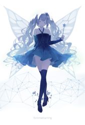 Rule 34 | 1girl, alternate eye color, arm at side, arm up, black thighhighs, blue dress, blue eyes, blue hair, butterfly wings, caidychen, closed eyes, closed mouth, commentary request, detached sleeves, dress, fairy wings, full body, halter dress, halterneck, hatsune miku, head tilt, high heels, holding, holding wand, insect wings, long hair, mary janes, pumps, shoes, simple background, smile, solo, standing, thighhighs, twintails, very long hair, vocaloid, wand, white background, wings
