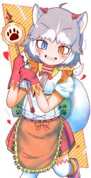 Rule 34 | 1girl, ahoge, alternate costume, animal ear fluff, animal ears, artist name, blue eyes, blush, bow, center frills, commentary, dog (mixed breed) (kemono friends), dog ears, dog tail, fang, frills, gloves, grey hair, grin, hair bow, heart, heterochromia, highres, kemono friends, looking at viewer, magical girl, multicolored hair, orange eyes, paw print, rakugakiraid, red bow, short hair, simple background, smile, solo, streaked hair, tail, teeth, two-tone hair, v-shaped eyebrows, wand, white background, white hair