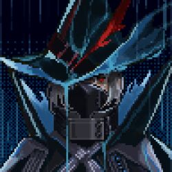 1boy arknights black_cloak black_hat blue_hat cloak commentary covered_mouth gedblack grey_hair hat high_collar looking_at_viewer lowres male_focus one_eye_covered pixel_art rain red_eyes short_hair solo two-sided_fabric two-sided_headwear ulpianus_(arknights) upper_body wet