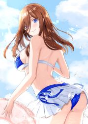 Rule 34 | 1girl, absurdres, ass, back, bare shoulders, bikini, bikini skirt, blue bikini, blue eyes, breasts, brown hair, bubble, bump-of-chinmen1208, closed mouth, cloud, commentary request, day, go-toubun no hanayome, hair over eyes, highres, holding, holding swim ring, innertube, large breasts, long bangs, looking at viewer, looking to the side, medium hair, nakano miku, outdoors, sideboob, signature, sky, smile, solo, swim ring, swimsuit, thighs