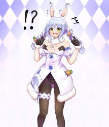 Rule 34 | 1girl, absurdres, animal ear fluff, animal ears, armband, bad id, bad pixiv id, bare shoulders, black gloves, blue hair, braid, breasts, bridal garter, buttons, cameltoe, carrot, carrot hair ornament, checkered background, eyebrows, food-themed hair ornament, gloves, green eyes, hair ornament, highres, hololive, long braid, long hair, lunch boxer, multicolored hair, open mouth, pantyhose, pocket, rabbit ears, rabbit girl, scarf, small breasts, solo, tears, twin braids, two-tone hair, usada pekora, usada pekora (1st costume), virtual youtuber, wardrobe malfunction, wavy mouth, white hair