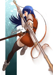 Rule 34 | 1girl, :o, action, ass, attack, black thighhighs, blue eyes, blue hair, caeda (fire emblem), dress, fire emblem, fire emblem: mystery of the emblem, fire emblem heroes, highres, holding, holding weapon, incoming attack, long hair, looking at viewer, looking back, motion blur, nanbu yasumi, nintendo, open mouth, pegasus knight uniform (fire emblem), polearm, sheath, sheathed, short dress, side slit, signature, solo, spear, speed lines, sword, thighhighs, weapon, zettai ryouiki