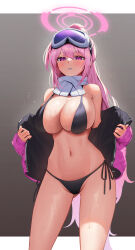 Rule 34 | 1girl, absurdres, bikini, black bikini, blue archive, blush, breasts, cleavage, coat, commentary, eimi (blue archive), eimi (swimsuit) (blue archive), goggles, goggles on head, grey background, halo, highres, large breasts, long hair, looking at viewer, official alternate costume, open clothes, open coat, parted lips, pink coat, pink hair, pink halo, purple eyes, side-tie bikini bottom, ski goggles, standing, sweat, swimsuit, thighs, very long hair, xogus1025