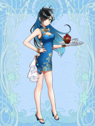 Rule 34 | 1girl, bad feet, black hair, blue background, blue dress, blue hair, blue nails, breasts, china dress, chinese clothes, cleavage, cup, dairoku ryouhei, double bun, dress, full body, hair bun, hair over one eye, hand on own hip, haritoyomimasu, high heels, highres, holding, holding tray, long hair, multicolored hair, nail polish, simple background, standing, tray, two-tone hair