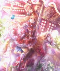 Rule 34 | 1girl, bad id, bad pixiv id, black thighhighs, blonde hair, blue butterfly, bow, bug, butterfly, carousel, cherub, crown, curekiller, day, dress, dress bow, earrings, flower, frills, garter belt, glint, gloves, gun, hair flower, hair ornament, highres, horseback riding, insect, jewelry, lights, long hair, looking at viewer, original, outdoors, red bow, red dress, red eyes, red flower, red neckwear, riding, short sleeves, sitting, smile, thighhighs, tilted headwear, virgin mary, weapon, white gloves