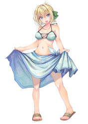 Rule 34 | 1girl, absurdres, bikini, blonde hair, braid, braided bangs, braided bun, breasts, clothes lift, commentary request, full body, hair bun, highres, kantai collection, long hair, looking at viewer, medium breasts, official alternate costume, perth (kancolle), purple eyes, sandals, sarong, sarong lift, simple background, smile, solo, striped bikini, striped clothes, swimsuit, white background, yashin (yasinz)