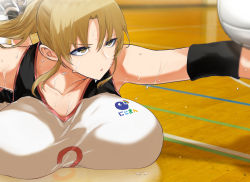 Rule 34 | 1girl, ball, breast press, breasts, brown eyes, brown hair, elbow pads, huge breasts, jersey, nijisanji, on floor, playing sports, ricochet-gou, sister claire, solo, sportswear, sweat, virtual youtuber, volleyball, volleyball (object), volleyball uniform