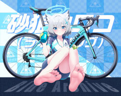 Rule 34 | 1girl, animal ear fluff, animal ears, aqua scarf, bare legs, barefoot, bicycle, bike jersey, bike shorts, blue archive, blue halo, blue scarf, cycling uniform, extra ears, feet, halo, highres, legs, looking at viewer, official alternate costume, road bicycle, scarf, shiroko (blue archive), soles, sportswear, white hair, wolf ears, yanyanzi