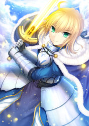 Rule 34 | 1girl, ahoge, armor, artoria pendragon (all), artoria pendragon (fate), blue sky, braid, breastplate, cloak, closed mouth, cloud, cloudy sky, day, fate/stay night, fate (series), faulds, fur trim, gauntlets, green eyes, hair between eyes, highres, holding, holding sword, holding weapon, looking at viewer, outdoors, saber (fate), sidelocks, sky, smile, solo, sword, taiki ken, weapon