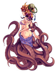 Rule 34 | 1girl, ass, blue eyes, bra, breasts, butt crack, full body, huge ass, jewelry, kenkou cross, lingerie, looking at viewer, medium breasts, monster girl, monster girl encyclopedia, octopus, official art, original, red hair, scylla, scylla (monster girl encyclopedia), simple background, solo, tentacles, underwear, white background