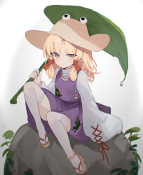 Rule 34 | 1girl, absurdres, animal print, blonde hair, brown hat, closed mouth, commentary, frog print, full body, hat, highres, holding, holding leaf, kani nyan, knees up, leaf, long hair, long sleeves, looking at viewer, moriya suwako, okobo, purple skirt, purple vest, rock, sandals, sitting, skirt, smile, solo, thighhighs, touhou, turtleneck, vest, white thighhighs, wide sleeves, yellow eyes