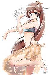 Rule 34 | 10s, 1girl, 2017, absurdres, aqua bikini, barefoot, bikini, brown hair, clenched hand, dated, from side, grey eyes, hair ribbon, highres, kantai collection, kazagumo (kancolle), kazu (really in hot water now), long hair, ponytail, ribbon, sarong, simple background, solo, standing, standing on one leg, stretching, striped bikini, striped clothes, swimsuit, tsurime, twitter username, white background