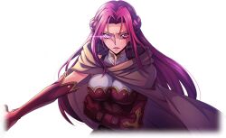 Rule 34 | 1girl, artist request, braid, breasts, clenched hand, closed mouth, code geass, code geass: lost stories, cornelia li britannia, cropped torso, crown braid, elbow gloves, eye trail, female focus, forehead, french braid, game cg, gloves, grey cloak, hair intakes, highres, large breasts, light trail, looking at viewer, matching hair/eyes, non-web source, official art, outstretched arm, purple eyes, purple gloves, purple shirt, serious, shirt, sidelocks, simple background, sleeveless, sleeveless shirt, solo, transparent background, upper body, v-shaped eyebrows