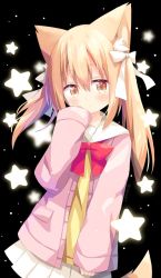 Rule 34 | 1girl, animal ear fluff, animal ears, black background, blush, bow, brown eyes, closed mouth, commentary request, hair between eyes, hair bow, hand up, highres, jacket, light brown hair, long hair, long sleeves, looking at viewer, miike-chan, nakkar, open clothes, open jacket, original, pink jacket, pleated skirt, red bow, sailor collar, shirt, simple background, skirt, sleeves past wrists, solo, star (symbol), tail, twintails, white bow, white sailor collar, white skirt, yellow shirt