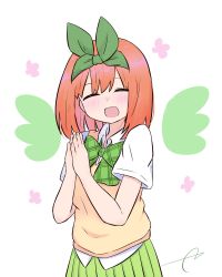 Rule 34 | 1girl, :d, ^ ^, blush, bow, breasts, closed eyes, collared shirt, commentary request, drawn wings, eyebrows hidden by hair, facing viewer, go-toubun no hanayome, green bow, green ribbon, green skirt, hair between eyes, hair ribbon, hands up, highres, kujou karasuma, medium breasts, nakano yotsuba, open mouth, orange hair, own hands together, palms together, pleated skirt, ribbon, shirt, short sleeves, signature, simple background, skirt, smile, solo, sweater vest, white background, white shirt