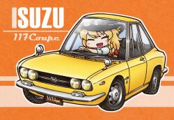 Rule 34 | 1girl, :d, black hat, blush, bow, braid, closed eyes, cookie (touhou), driving, hair bow, hat, hat bow, isuzu 117 coupe, kirisame marisa, long hair, medium bangs, mgrm ysnr, name connection, open mouth, orange background, outline, red bow, shirt, short sleeves, side braid, single braid, smile, solo, suzu (cookie), teeth, touhou, upper body, upper teeth only, white bow, white outline, white shirt, witch hat