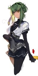 Rule 34 | &gt;:(, 1girl, arrow (symbol), artist name, belt, black gloves, black necktie, black pantyhose, black skirt, breasts, c.c., chain, closed mouth, code geass, corset, cosplay, cowboy shot, creayus, cropped legs, elbow gloves, emblem, frown, gloves, green hair, hair flaps, hatsuzuki (kancolle), hatsuzuki (kancolle) (cosplay), kantai collection, looking at viewer, miniskirt, necktie, pantyhose, pleated skirt, puffy short sleeves, puffy sleeves, sailor collar, school uniform, serafuku, shirt, short hair, short sleeves, sidelocks, signature, simple background, sketch, skirt, small breasts, solo, tsurime, v-shaped eyebrows, white background, white shirt, yellow eyes