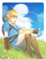Rule 34 | 1boy, blonde hair, blue eyes, boots, border, brown footwear, brown gloves, brown pants, bug, butterfly, cloud, day, earrings, fingerless gloves, from side, gloves, grass, highres, insect, jewelry, knee boots, link, medium hair, nintendo, outdoors, pants, pointy ears, shield, shield on back, sitting, the legend of zelda, the legend of zelda: breath of the wild, ttanuu., weapon, white border
