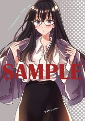 Rule 34 | 1girl, :o, black-framed eyewear, black hair, black skirt, blush, breasts, cardigan, character name, collared shirt, commentary request, copyright name, cowboy shot, eyebrows, glasses, grey background, himawari-san, himawari-san (character), long hair, long skirt, looking at viewer, medium breasts, open cardigan, open clothes, purple cardigan, purple eyes, sample watermark, shirt, shirt tucked in, signature, skirt, solo, standing, sugano manami, watermark, white shirt
