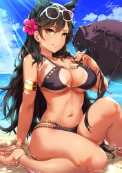 Rule 34 | 1girl, animal ears, anklet, arm support, armlet, artist name, atago (azur lane), azur lane, barefoot, beach, beach umbrella, bikini, bikini tug, black bikini, black hair, black umbrella, blush, bracelet, breasts, brown eyes, cleavage cutout, clothing cutout, cloud, collarbone, day, earrings, extra ears, flower, grin, hair flower, hair ornament, highres, hoop earrings, jewelry, knee up, large breasts, long hair, looking at viewer, mole, mole under eye, nail polish, navel, outdoors, parted lips, partially submerged, red nails, ribbon, sakiyamama, signature, sitting, skindentation, smile, solo, sparkle, stomach, strap pull, sunlight, swept bangs, swimsuit, tan, tanline, thighs, umbrella, wet