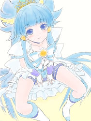 Rule 34 | 10s, 1girl, aoki reika, blue eyes, blue hair, blue theme, boots, bow, colorized, cure beauty, cure beauty (princess form), earrings, hair tubes, highres, jewelry, knee boots, long hair, looking at viewer, matching hair/eyes, mits (m33), precure, shorts, shorts under skirt, sitting, skirt, smile, smile precure!, solo, tiara, very long hair