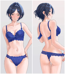 1girl absurdres ass back black_hair blue_bra blue_panties blush border bra breasts cleavage collarbone grey_background groin hayami_kanade highres idolmaster idolmaster_cinderella_girls light_smile lingerie medium_breasts multiple_views panties parted_bangs profile short_hair simple_background stomach thighhighs underwear underwear_only undone_bra user_cvse5287 white_border yellow_eyes