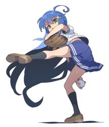 Rule 34 | 1girl, absurdres, ahoge, ball, baseball, baseball glove, black socks, blue hair, blue sailor collar, blue skirt, brown footwear, commentary request, green eyes, hair between eyes, highres, holding, holding ball, izumi konata, kneehighs, kneepits, loafers, long hair, looking at viewer, lucky star, mole, mole under eye, nishiki kazue, pitching, playing sports, pleated skirt, ryouou school uniform, sailor collar, school uniform, shadow, shirt, shoe soles, shoes, short sleeves, simple background, skirt, socks, solo, sparkle, standing, standing on one leg, triangle mouth, v-shaped eyebrows, very long hair, white background, white shirt