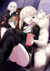 Rule 34 | 2girls, ahoge, alternate costume, animal, artoria pendragon (all), artoria pendragon (fate), black dress, black jacket, blonde hair, blue coat, breasts, burger, cavall the 2nd, coat, commentary request, dog, dress, eating, fate/grand order, fate (series), food, fur-trimmed coat, fur trim, hair between eyes, highres, holding, holding food, indoors, jacket, jeanne d&#039;arc (fate), jeanne d&#039;arc alter (fate), jeanne d&#039;arc alter (ver. shinjuku 1999) (fate), jewelry, large breasts, licking, long sleeves, multiple girls, necklace, official alternate costume, one eye closed, saber alter, saber alter (ver. shinjuku 1999) (fate), shidou (x 2903), short dress, short hair, short shorts, shorts, silver hair, sitting, small breasts, thighhighs, twitter username, white dog, wicked dragon witch ver. shinjuku 1999, yellow eyes