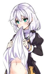 Rule 34 | 1girl, aqua eyes, bad id, bad pixiv id, clothes lift, commentary request, dress, dress lift, hair between eyes, honkai (series), honkai impact 3rd, juliet sleeves, lifted by self, light purple hair, long hair, long sleeves, looking away, mouth hold, navel, puffy sleeves, simple background, solo, stomach, tama (tamatamo), theresa apocalypse, theresa apocalypse (valkyrie pledge), upper body, white background