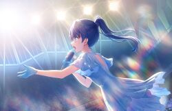 Rule 34 | 1girl, audience, back, back cutout, blue dress, blue eyes, blue gloves, blue hair, clothing cutout, dark blue hair, dress, dutch angle, game cg, gloves, high ponytail, highres, holding, holding microphone, lens flare, lens flare abuse, link! like! love live!, long hair, looking ahead, love live!, microphone, mole, mole on neck, murano sayaka, official art, open mouth, outstretched arm, people, profile, see-through, see-through dress, short sleeves, skirt, solo, stage lights, teeth, third-party source, upper teeth only, v-shaped eyebrows, virtual youtuber