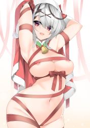 Rule 34 | 1girl, absurdres, ahoge, arms up, bare shoulders, bell, blush, bow, breasts, christmas, cleavage, gloves, hair between eyes, hair ornament, hair ribbon, highres, holly, hololive, large breasts, looking at viewer, multicolored hair, naked ribbon, navel, neck bell, nipple slip, nipples, open mouth, red bow, red eyes, red ribbon, ribbon, sakamata chloe, sasakura, short hair, silver hair, smile, solo, streaked hair, virtual youtuber, x hair ornament