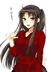 Rule 34 | 1girl, :d, black hair, blue eyes, collarbone, fate/stay night, fate (series), half updo, jpeg artifacts, kojima saya, long hair, looking at viewer, one side up, open mouth, pointing, pointing at viewer, sidelocks, simple background, smile, solo, tohsaka rin, two side up, white background