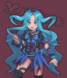Rule 34 | 10s, 1girl, alternate costume, black thighhighs, blue eyes, blue hair, brooch, contrapposto, corruption, cure marine, dark persona, heart, heart brooch, heartcatch precure!, jewelry, kuroshin, kurumi erika, leotard, long hair, looking at viewer, magical girl, matching hair/eyes, precure, red background, simple background, solo, standing, text focus, thighhighs, zettai ryouiki