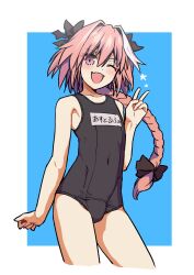 Rule 34 | 1boy, astolfo (fate), black bow, black one-piece swimsuit, blush, bow, braid, braided ponytail, bulge, crossdressing, fang, fate/apocrypha, fate/grand order, fate (series), hair bow, highres, long hair, looking at viewer, male focus, multicolored hair, name tag, one-piece swimsuit, one eye closed, open mouth, pink hair, purple eyes, school swimsuit, single braid, skin fang, solo, streaked hair, swimsuit, toba kuti, trap, two-tone background, white hair