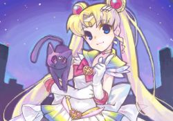 Rule 34 | 1990s (style), 1girl, bad drawr id, bad id, bishoujo senshi sailor moon, bishoujo senshi sailor moon supers, black cat, blonde hair, blue sailor collar, bow, brooch, cat, choker, city, cityscape, double bun, drawr, elbow gloves, gloves, hair bun, heart, heart brooch, jewelry, long hair, luna (sailor moon), magical girl, multicolored clothes, multicolored skirt, night, night sky, oekaki, red bow, retro artstyle, sailor collar, sailor moon, skirt, sky, super sailor moon, tsukino usagi, u to i, very long hair, white gloves