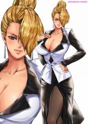 Rule 34 | black legwear, blonde hair, breasts, cleavage, hair bun, hair over one eye, hand on own hip, large breasts, mature (kof), multiple views, pantyhose, simple background, single hair bun, smile, the king of fighters, white background
