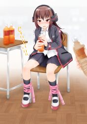 Rule 34 | 1girl, bdsm, black jacket, black socks, blue skirt, blurry, blurry background, blush, bondage, bottle, bound, bound legs, brown hair, chair, collared shirt, crying, desk, disembodied hand, drink, embarrassed, female focus, flat chest, full body, gokiburi no dashi, half-closed eyes, hands up, have to pee, headphones, highres, holding, holding bottle, holding drink, indoors, jacket, japanese text, jump rope, kneehighs, long hair, long sleeves, looking at viewer, miniskirt, nose blush, on chair, open clothes, open jacket, open mouth, original, pee, peeing, peeing self, pleated skirt, pocket, pov, raised eyebrows, red eyes, red footwear, red trim, school chair, school desk, school uniform, shirt, shoes, sidelocks, sitting, skirt, socks, solo focus, steam, sweat, tea, tears, translation request, trembling, wet, wet clothes, wet skirt, white shirt, wooden floor