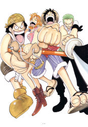 Rule 34 | 1girl, 3boys, bandana, black hair, black pants, clothes writing, earrings, east blue, goggles, green hair, happy, hat, highres, jewelry, monkey d. luffy, multiple boys, nami (one piece), oda eiichirou, official art, one piece, orange hair, overalls, pants, pole, roronoa zoro, sandals, shirt, shorts, simple background, slingshot (weapon), smile, straw hat, striped clothes, striped shirt, sword, usopp, vest, weapon, white shirt