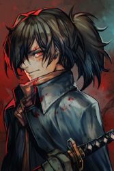 Rule 34 | 1boy, blood, blood on clothes, blood on face, brown hair, closed mouth, coat, fate/grand order, fate (series), hair over one eye, holding, holding sword, holding weapon, hungry clicker, katana, light smile, male focus, okada izou (fate), one eye closed, ponytail, red background, red eyes, scabbard, scannard, sheath, solo, sword, upper body, weapon