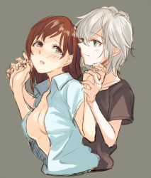Rule 34 | 10s, 2girls, :o, anastasia (idolmaster), bad id, bad twitter id, blue eyes, blush, breasts, brown eyes, brown hair, chirosuke (nameless), cleavage, collared shirt, eye contact, female focus, from behind, grey background, hair between eyes, holding hands, idolmaster, idolmaster cinderella girls, jpeg artifacts, large breasts, long hair, looking at another, looking back, multiple girls, nitta minami, open clothes, open mouth, open shirt, shirt, short hair, short sleeves, silver hair, simple background, smile, t-shirt, upper body, yuri