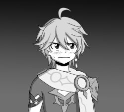 Rule 34 | 1boy, aether (genshin impact), ahoge, armor, commentary request, earrings, genshin impact, greyscale, hair between eyes, highres, jewelry, long hair, looking at viewer, low ponytail, monochrome, pandramodo, scarf, short sleeves, shoulder armor, sidelocks, simple background, solo