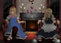 Rule 34 | 2girls, alice margatroid, armchair, blonde hair, blue eyes, braid, candelabra, candlestand, chain, chair, clock, female focus, fire, flower, foreshortening, hair over eyes, kirisame marisa, long hair, manimani, manimani (unagi), mary janes, multiple girls, photo (object), pigeon-toed, red upholstery, shaded face, shoes, short hair, signature, sitting, touhou, vase, yandere