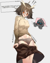 Rule 34 | !?, 1girl, 1other, ^ ^, absurdres, alternate costume, antenna hair, arknights, arrow (symbol), black-framed eyewear, black gloves, blood, blush, breasts, brown hair, brown panties, brown skirt, chibi, chibi inset, closed eyes, clothes pull, closed eyes, feet out of frame, glasses, gloves, highres, impossible clothes, impossible sweater, long sleeves, mask, medium breasts, motion lines, navel, nosebleed, open mouth, panties, pareorepa, red eyes, semi-rimless eyewear, short hair, silence (arknights), simple background, skirt, skirt pull, standing, sweatdrop, sweater, translation request, under-rim eyewear, underwear, undressing, white background, yellow sweater