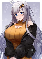 Rule 34 | 1girl, absurdres, ahoge, alternate hairstyle, black jacket, blue eyes, blush, border, breasts, cleavage, cleavage cutout, closed mouth, clothing cutout, grey hair, hair ornament, highres, jacket, kizuna akari, large breasts, long hair, long sleeves, open clothes, open jacket, smile, snowflakes, solo, tenneko yuuri, upper body, voiceroid, white border