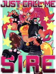 Rule 34 | 1girl, absurdres, alternate costume, alternate eye color, artist name, bad id, bad pixiv id, black jacket, black nails, black shorts, blouse, boots, border, bowser, bowser logo, bowsette, bracelet, breasts, chain chomp, cleavage, coin, collared jacket, crop top, cropped jacket, dark-skinned female, dark skin, earrings, english text, gradient eyes, green background, hand on own hip, hand up, highres, jacket, jewelry, long hair, looking at viewer, mario (series), medium breasts, multicolored eyes, nail polish, new super mario bros. u deluxe, nintendo, outside border, pantyhose, platform boots, platform footwear, print shirt, prismkidd, red eyes, red hair, see-through, see-through legwear, sharp teeth, shirt, short hair, short shorts, shorts, sidelocks, simple background, smile, solo, spiked boots, spiked bracelet, spiked shell, spiked tail, spikes, split ponytail, super crown, tail, teeth, thick eyebrows, toon (style), torn clothes, torn pantyhose, torn shorts, watermark, white border, wide ponytail, yellow eyes, yellow shirt